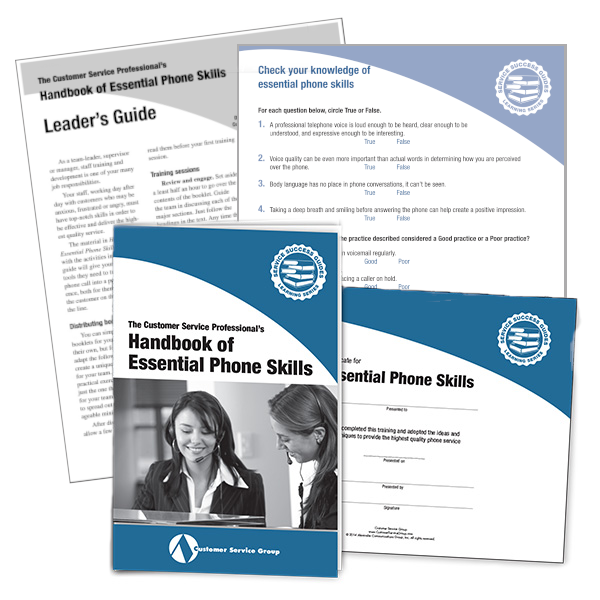 Handbook of Essential Phone Skills. Includes booklets, leader's guide, quiz, glancer, certificate of participation.